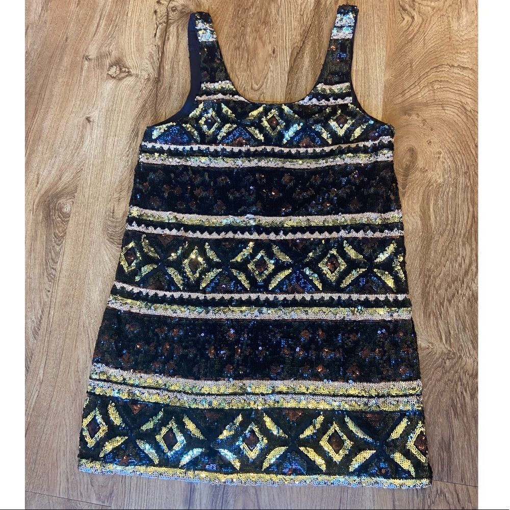 Free People sequin gold/black/brown horizontal stripe sleeveless dress